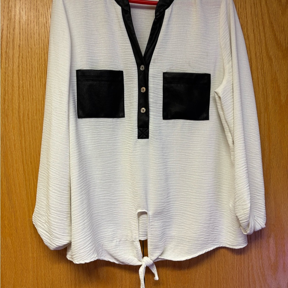 Women's White Tie-Hem Blouse with Black Trim